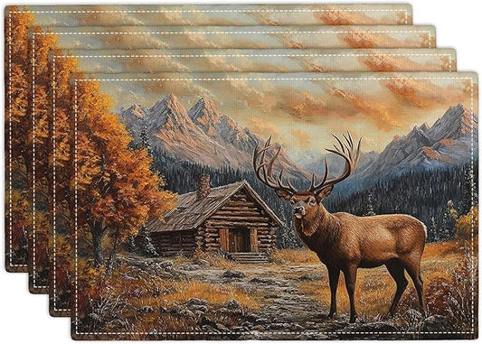 Farmhouse Deer Placemats Set of 4, Country Natural Place Mats, Rustic Forest Lodge Elk Wildlife Dining Table Mats, Washable Placemats for Kitchen Dining Room 18L'' × 12W''