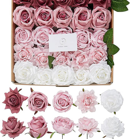TINGE TIME Artificial Flowers, 25pcs Real Looking Gradient Purple Pink Rose Fake Roses w/Stem for DIY Wedding Bouquets Centerpieces Arrangements Party Baby Shower Home Decorations
