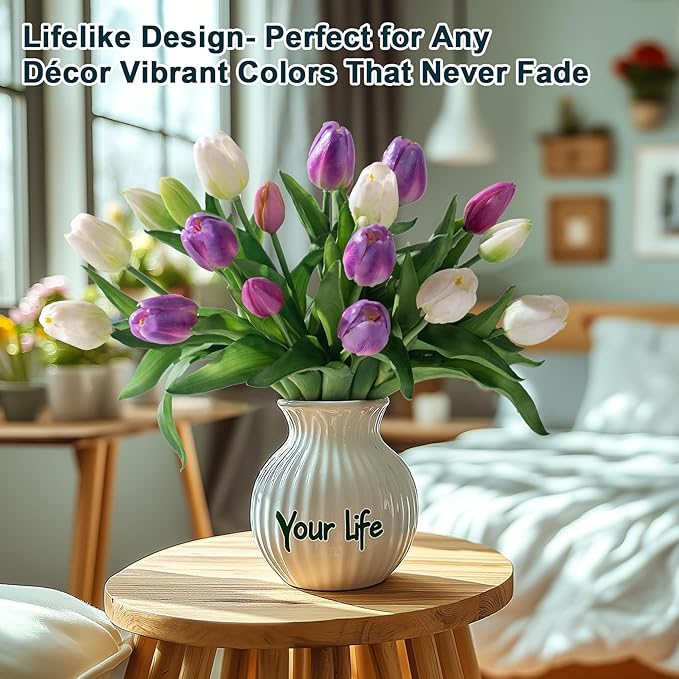 20PCS Fake Tulips Artificial Tulip Silk Flowers Fake PU Bouquet Artificial Flowers Faux Flowers with Gift Box Soft Faux Tulips Bouquets Arrangements for Party Wedding Home