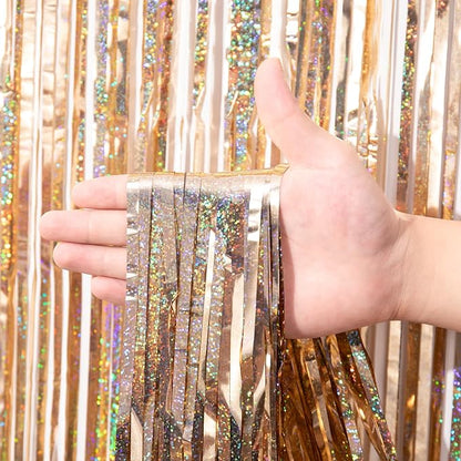 3 Pack 3.3 x 8.2 ft Laser Champagne Foil Fringe Backdrop Curtains, Tinsel Streamers Birthday Party Decorations, Fringe Backdrop for Graduation, Baby Shower, Gender Reveal, Disco Party