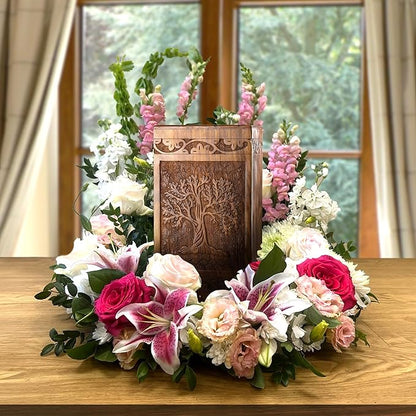 INTAJ Handcarved Wooden Cremation Urn for Human Ashes - Tree of Life Design, 640lbs Capacity, Suitable for Adult Men and Women - Decorative Funeral Urn Box and Casket - Companion Urn Carved Box