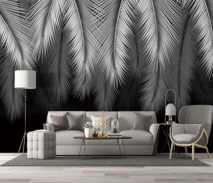 grey tropical botanical leaf wallpaper bedroom palm leave plant murals office modern black and white trendy room decor living room tv background large wall mural - 160"x108"Not Peel and Stick