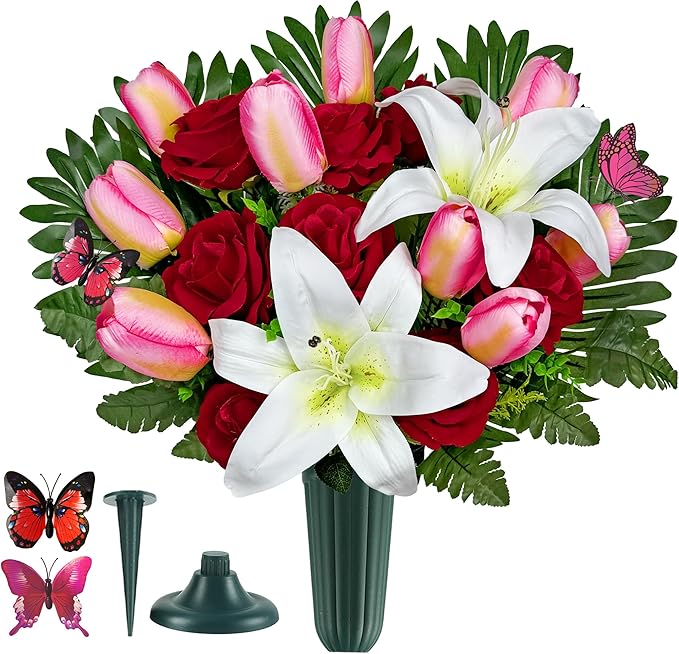 SUHOOKOO Artificial Cemetery Flowers for Outdoor Grave Decorations - Non-Bleed Colors, and Easy Fit - Pink Tulip，White Lily and Red Rose Bouquet