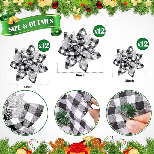 36 Pcs Christmas Glitter Artificial Poinsettia Flowers Xmas Poinsettia Artificial Wedding Flowers Decorations Xmas Tree Ornaments with Clips for Party, 6 Inch, 4 Inch, 3 Inch(Black, White, Silver)