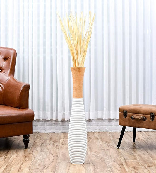 Leewadee Large Floor Vase – Handmade Flower Holder Made of Wood, Sophisticated Vessel for Decorative Branches and Dried Flowers, 36 inches, Ecru White