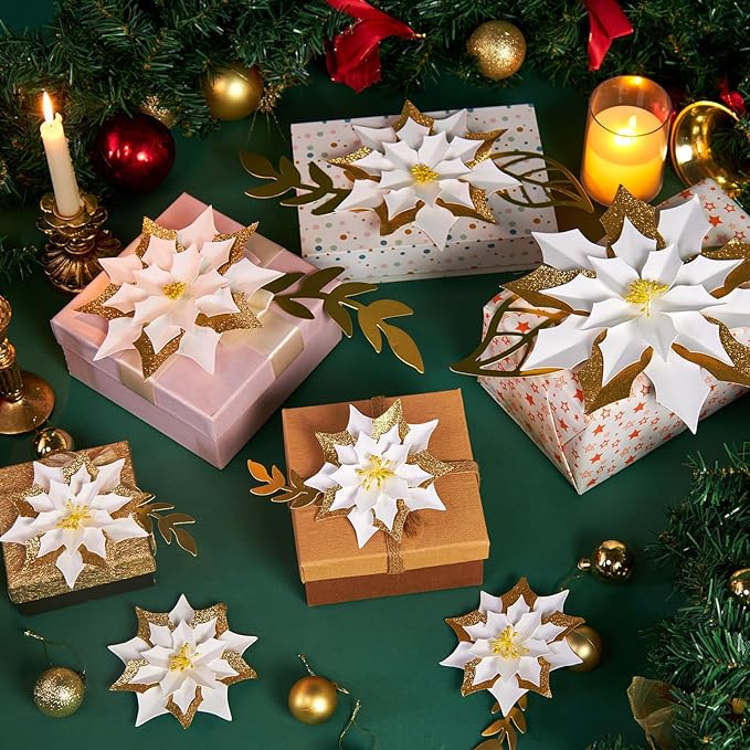 15PCS Poinsettia Flowers Artificial Christmas Decorations White Gold Poinsettia Large Flowers for Wall Christmas Tree Ornaments Glitter Poinsettias Flower Wreath Garland Window Door Xmas Tree Decor