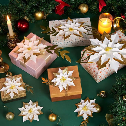 15PCS Poinsettia Flowers Artificial Christmas Decorations White Gold Poinsettia Large Flowers for Wall Christmas Tree Ornaments Glitter Poinsettias Flower Wreath Garland Window Door Xmas Tree Decor