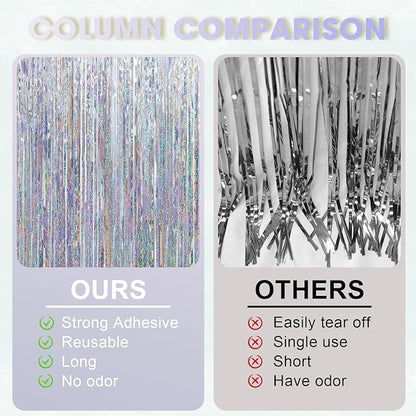 2 Pack Laser Silver Tinsel Foil Fringe Curtains, Silver Party Decorations, Metallic Tinsel Party Streamers Backdrop for New Years Birthday Halloween Wedding Party Decorations