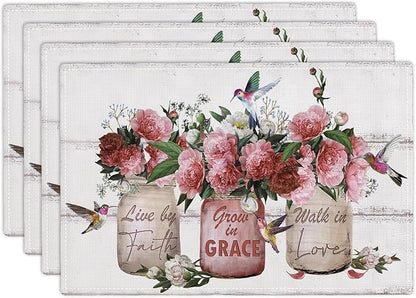 Rose Flower Placemats Set of 4 Farmhouse Peony Floral Table Mats Washable Place mats for Home Party Indoor Kitchen Dining Table Decoration 12x18 Inch