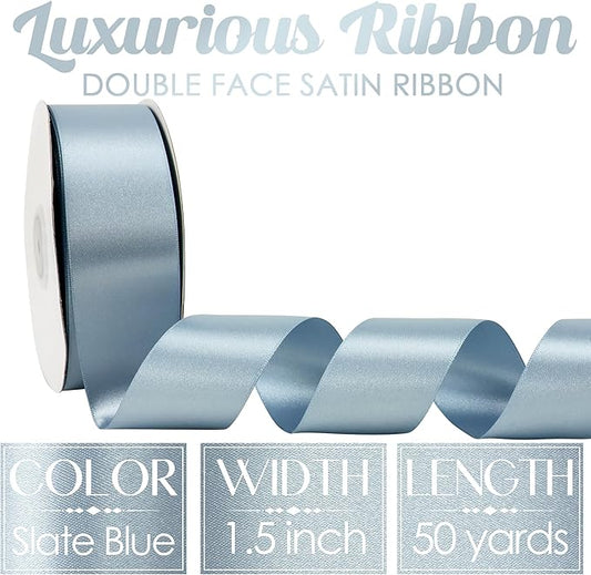 MEEDEE Slate Blue Satin Ribbon - 1-1/2 inch Double Faced, 50 Yards for Christmas Tree, Weddings, Flower Bouquets