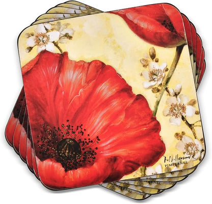Pimpernel Red Poppy Blossoms Coasters, Set of 4 (4" x 4") – Cork-Backed Board with Bright Floral Artwork, Heat & Stain Resistant Drink Mats for Dining, Coffee Tables & Home Decoration
