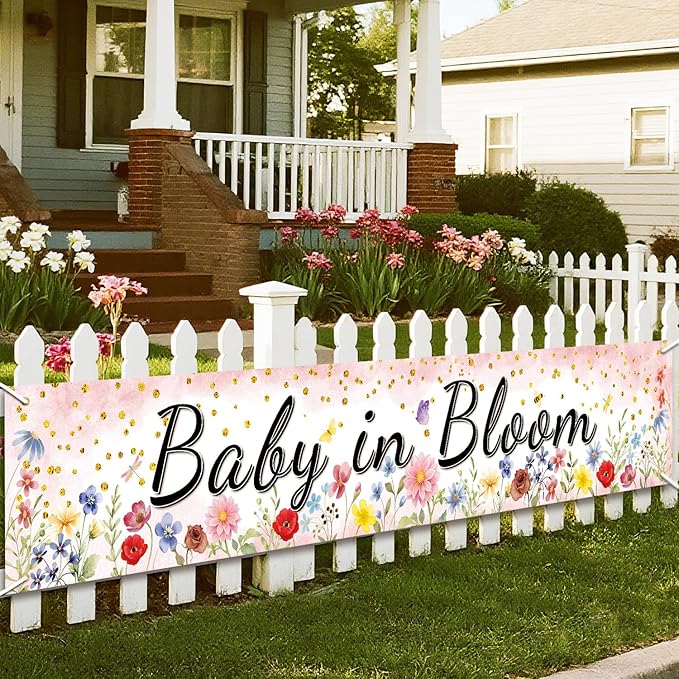 Pink Coral Baby in Bloom Baby Shower Banner, Floral Watercolor Floral Design, Party Decoration, 180x33 cm