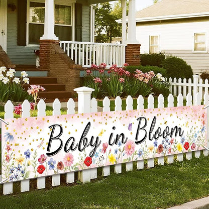 Pink Coral Baby in Bloom Baby Shower Banner, Floral Watercolor Floral Design, Party Decoration, 180x33 cm