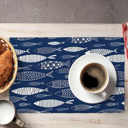 Japanese Fish Placemats Set of 6, Blue Fishing Country Double-Sided Table Mats for Kitchen Dining Room Home Party Indoor Decor 6 PCS 12x18 Inch