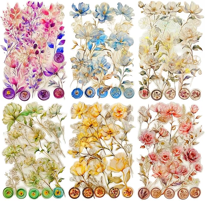 TIAMECH Flowers Stamp PET Stickers - 150 Pcs Vintage Dream Talk & Beauty Snow Floral Design, Waterproof Sticker for Journaling & Scrapbooking, Junk Journal Supplies, Ephemera & DIY Crafts