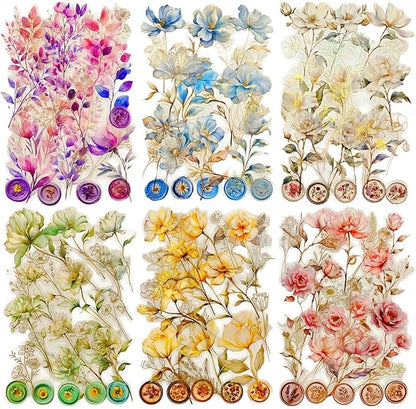 TIAMECH Flowers Stamp PET Stickers - 150 Pcs Vintage Dream Talk & Beauty Snow Floral Design, Waterproof Sticker for Journaling & Scrapbooking, Junk Journal Supplies, Ephemera & DIY Crafts