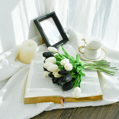 Mandy's Artificial Tulips 20 Stems Black and White PU Faux Flowers for Thanksgiving and Christmas Decorations Wedding Home Decor 13.5 Inch