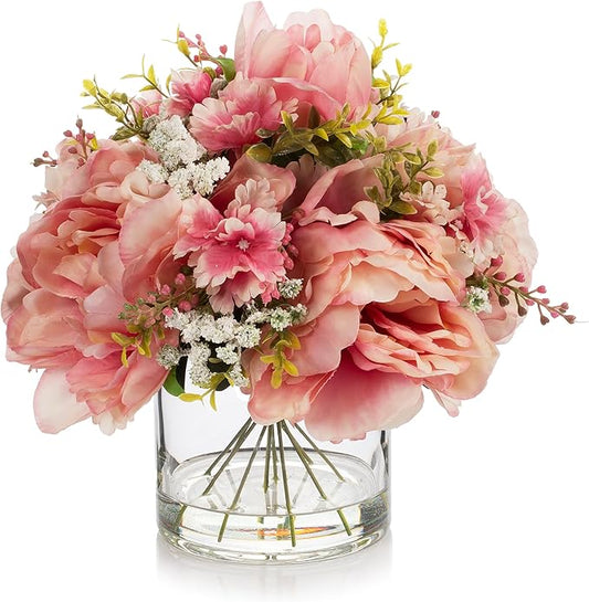 ENOVA FLORAL Artificial Silk Flower Arrangement with Vase,Mixed Artificial Silk Peony Flower in Vase for Decoration Home Office, Wedding Centerpiece (Champagne)
