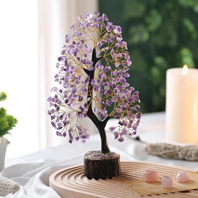 Amethyst Crystal Tree, Healing Crystals, Reiki Gemstone, Tree Life, Wood Base Office Desk Room Feng Shui Home Decor Spiritual Energy Meditation Gift for Women Men, Purple Crystals and Stones Tree
