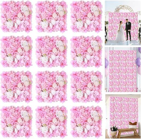 Artificial Silk Flower Wall Panel Pink Decorative Floral Background Silk Rose Mat for Wedding Party Backdrop Wall Decor Shop Photo Backdrop Floral Wall Arrangement 15 * 15in 12Pcs