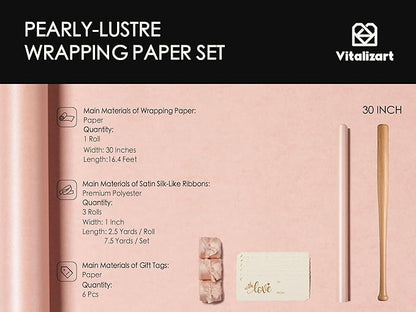 Vitalizart Pink Wrapping Paper Set 30" Pearly-Lustre With Silk Like Satin Ribbon & Gift Tags Recyclable Christmas Gift Wrapping Birthday Baby Shower Wedding Handmade Crafts 197"(16.4 Ft)