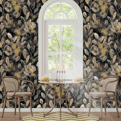 Modern Black and Gold Floral Leaf Peel and Stick Wallpaper Removable Dark Art Deco Self Adhesive Vinyl Contact Wall Paper for Bathroom Renter Friendly Wallpaper 17.7" X 124"