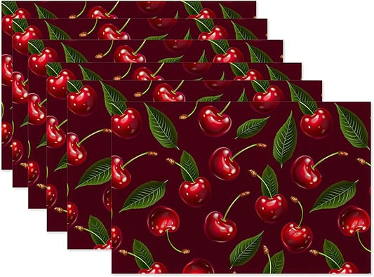 Cherry Table Mats Set of 6,Red Non-Slip Washable Placemats for Restaurant Home Kitchen Dinner Table 12x18Inch