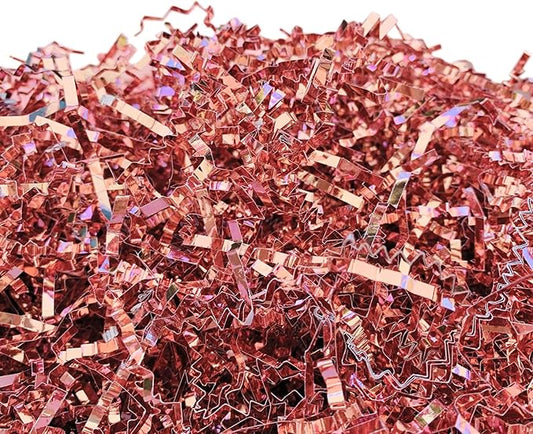 UNIQOOO 1/2 LB Metallic Rose Gold Crinkle Cut Paper Shredded Filler, Pink Grass Raffia Tissue, Strands Shred Craft Bedding Cushion, Wedding Mothers Day Bridesmaid Engagement Gift Boxes Bags Retail