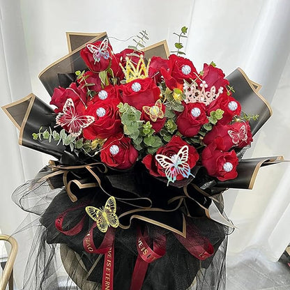 BAO-HUA-A2 Floral Bouquet Wrapping Kit, 60 Sheets Waterproof Paper, Black Pink Beige With Ribbons, Flower Pins, 3D Butterflies & Crowns for Florist Wrap