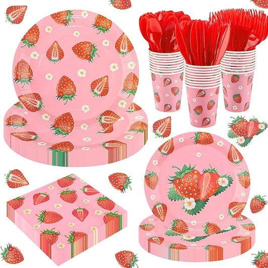 350 PCS Strawberry Party Decor Supplies, Disposable Pink Paper Plates Napkins Knives Forks Cups Dinnerware Set, Sweet Tableware Kit for Baby Shower Girl Birthday Party Christmas Decor, Serves 50