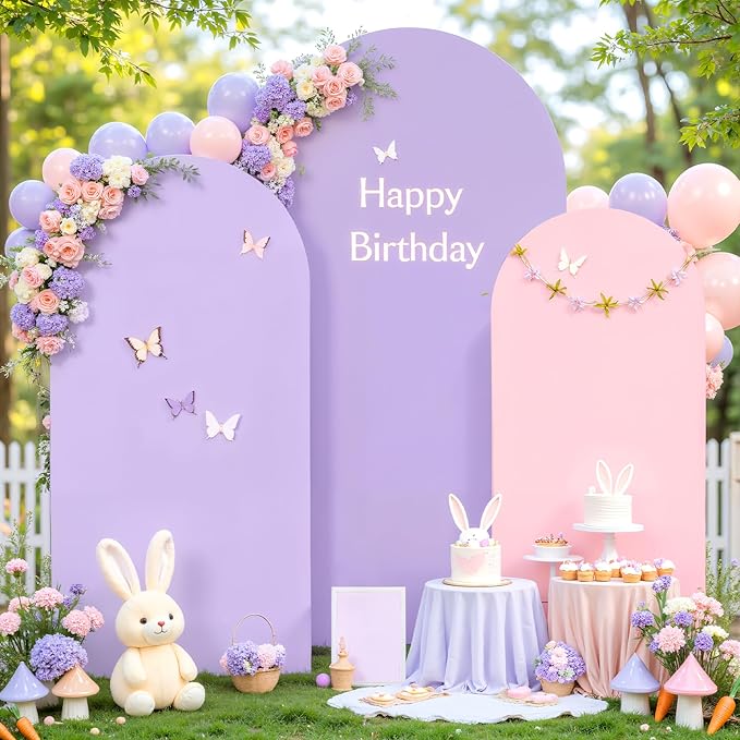 Pink and Lavender Arch Backdrop Cover 8FT 7.2FT 6.6FT Arch Covers Stretchy Backdrop Set of 3 Wedding Arch Cover Spandex Fitted Double-Color Fabric Arch Covers for Party Baby Shower Birthday Decoration
