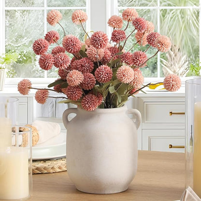 Ceramic Flower Vase Home Decor - 7.6 Inch Farmhouse Rustic White Table Vases with Handle Living Room Decoration Decorative Vintage Pottery for Kitchen Shelf Coffee Dining Desk Bookshelf Fireplace