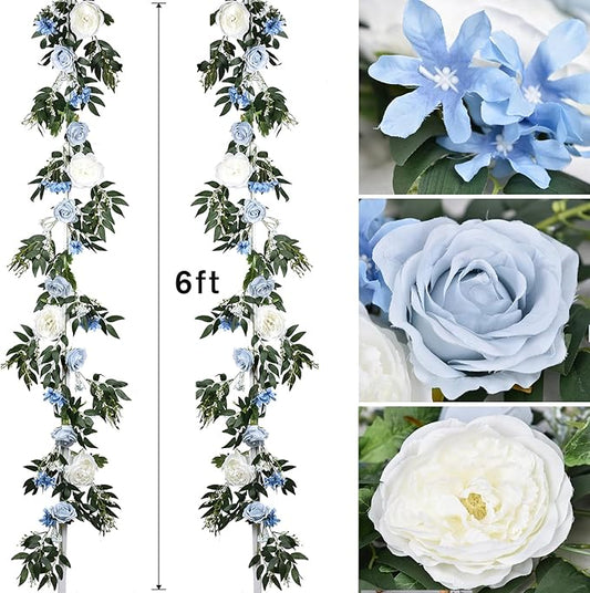 Lvydec 2 Pack Artificial Peony Flower Garland - 6ft Silk Peony Vine Willow Leaves Garland Blue and White Arch Flower Vine for Wedding Party Table Decoration (Blue)