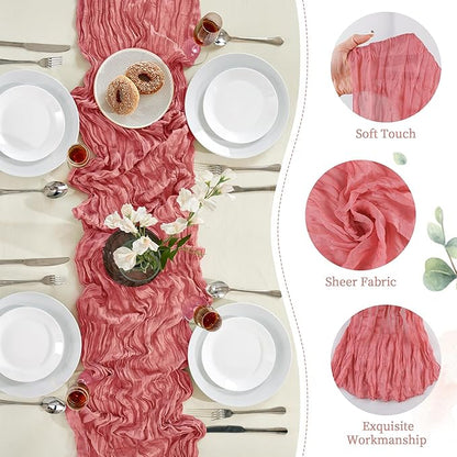 6 Pack Rose Cheesecloth Table Runner 10FT Long Boho Gauze Table Runner Rustic Sheer Runner for Wedding Bridal Baby Shower Birthday Party Table Decor Thanksgiving Christmas Decorations