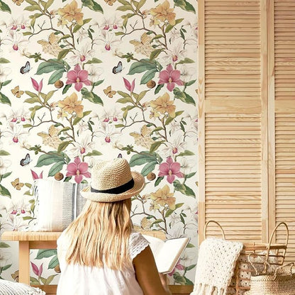 Vintage Floral Peel and Stick Wallpaper Floral Contact Paper 16.9inchx196.8inch Multicolor Flowers Butterfly Wallpaper Leaf Boho Self Adhesive Removable Wall Paper for Bedroom Decorative