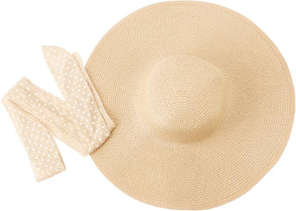 DRESHOW Beach Hats for Women Big Straw Wide Brim Summer Hat Floppy Foldable Roll up Cap Sun Hat UPF 50+