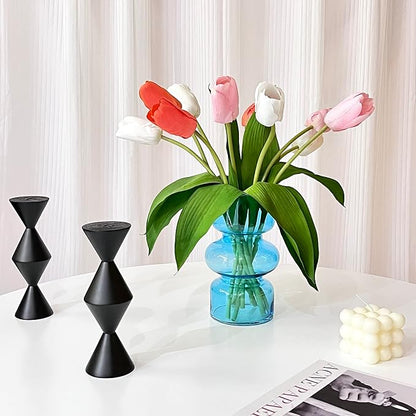 BLOFLO Blue Transparent Glass Hydroponic Vase, 7Inches Colored Glass Vase for Flower, Modern Geometric Three-Layer Floral Vases for Home Office Wedding Table Décor(Blue)