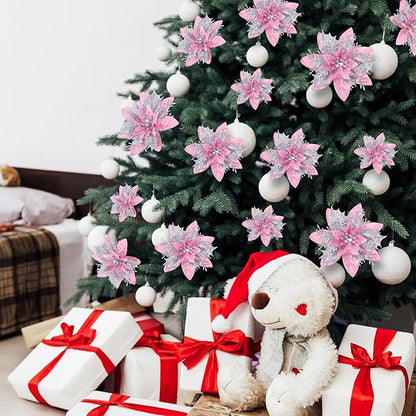 36 Pcs Christmas Glitter Artificial Poinsettia Flowers Xmas Poinsettia Artificial Wedding Flowers Decorations Xmas Tree Ornaments with Clips for Party, 6 Inch, 4 Inch, 3 Inch(Peach Pink, Silver)