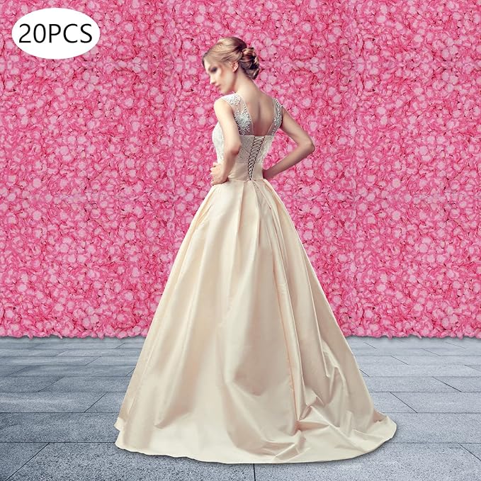 20PCS Artificial Floral Wall Backdrop, 3D Flower Wall Panel, Realistic Silk Flower Backplanes, Roll Up Fake Flower Background for Valentines Wedding Party Photo Arrangement Outdoor Decor(Deep Pink)