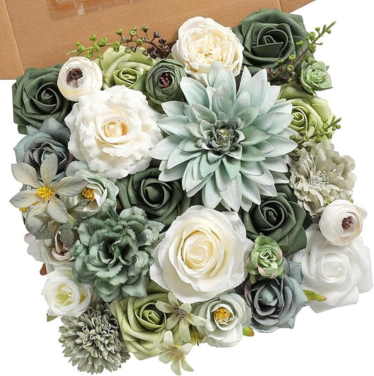 YYHUAWU Artificial Flowers Combo Set Fake Flower Leaf Box with Stems for DIY Wedding Bouquets Centerpieces Arrangements Baby Shower Party Home Decorations (Tiffany Blue & Forest Green)