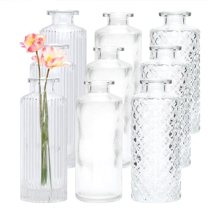 Brajttt Glass Bud Vase Set in Bulk, 9pcs Mini Vintage Flower Vases for Wedding, Clear Relief Vase for Centerpieces,Home Table Flower Decor, Party Decorations