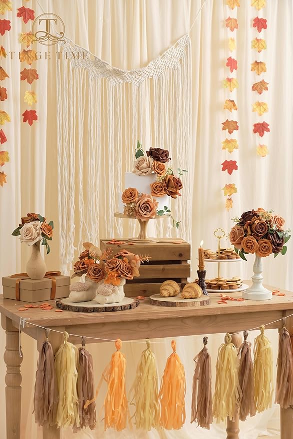 TINGE TIME Artificial Flowers Combo Box Set 16PCS Fake Rose Silk Flower with Stem for DIY Wedding Bouquets Centerpieces Baby Shower Party Home Fall Decoration (Gradient Burnt Orange)