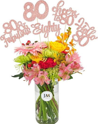 Gyufise 15Pcs 80th Birthday Centerpiece Sticks Eighty Happy 80th Table Flower Centerpieces Sticks Cheers to 80 Floral Decorations for 80th Birthday Party Centerpieces Supplies Rose Gold