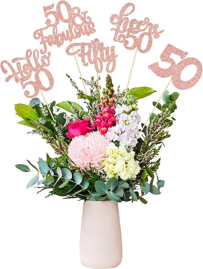 Gyufise 15Pcs 50th Birthday Centerpiece Sticks Fifty Happy 50th Table Flower Centerpieces Sticks Cheers to 50 Floral Decorations for 50th Birthday Party Centerpieces Supplies Rose Gold
