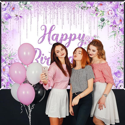 Avezano Happy Birthday Backdrop Banner for Girls Women Happy Birthday Party Decorations Floral Glitters Bday Banner Party Supplies (Purple, 7x5ft)