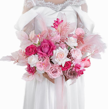 Hot Pink Bridal Bouquets for Bride,14 Inch Wedding Bouquets, for Wedding Ceremony, Anniversary, Party and French Rustic Vintage Wedding,Artificial Flowers