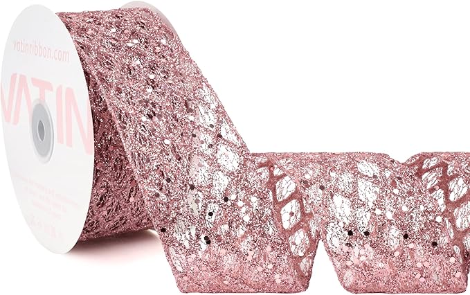 VATIN 2-1/2" Rose Gold Christmas Ribbon, Rose Gold Glitter Mesh Diamond Web Sequin Dots Wired Christmas Ribbon for Gift Wrapping Bow Making Wreath Supply-10 Yards