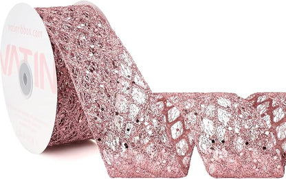 VATIN 2-1/2" Rose Gold Christmas Ribbon, Rose Gold Glitter Mesh Diamond Web Sequin Dots Wired Christmas Ribbon for Gift Wrapping Bow Making Wreath Supply-10 Yards