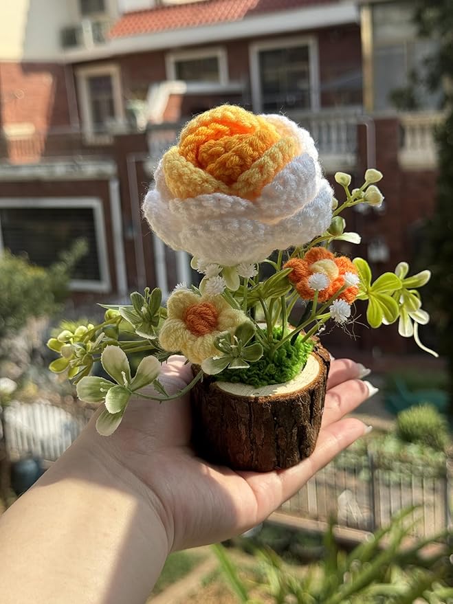 Handmade Crochet Rose Bouquet Knitted Creative Potted Plant Cute Home Desktop Decorations and Gifts for Friends, Lovers, Classmates (Yellow Roses)