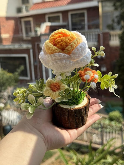 Handmade Crochet Rose Bouquet Knitted Creative Potted Plant Cute Home Desktop Decorations and Gifts for Friends, Lovers, Classmates (Yellow Roses)